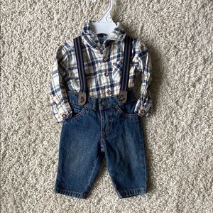 Blue and Brown Overall Matching Set with Suspender Straps
